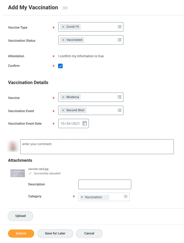 Screenshot of Workday task "Add My Vaccination"