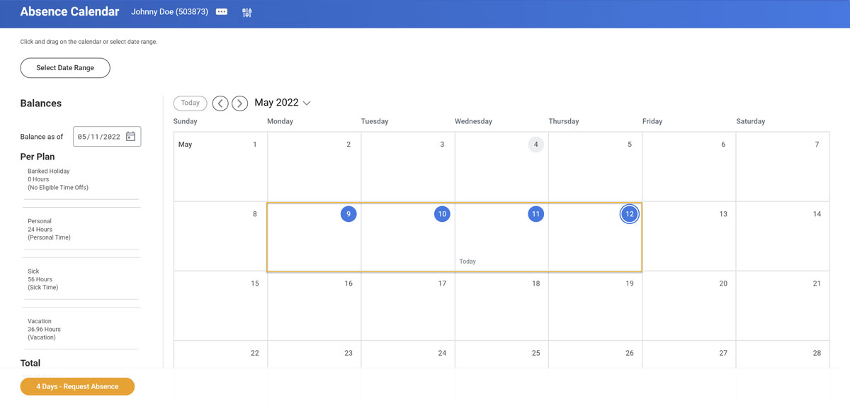 screenshot of Workday Absence Calendar with 4 consecutive days selected