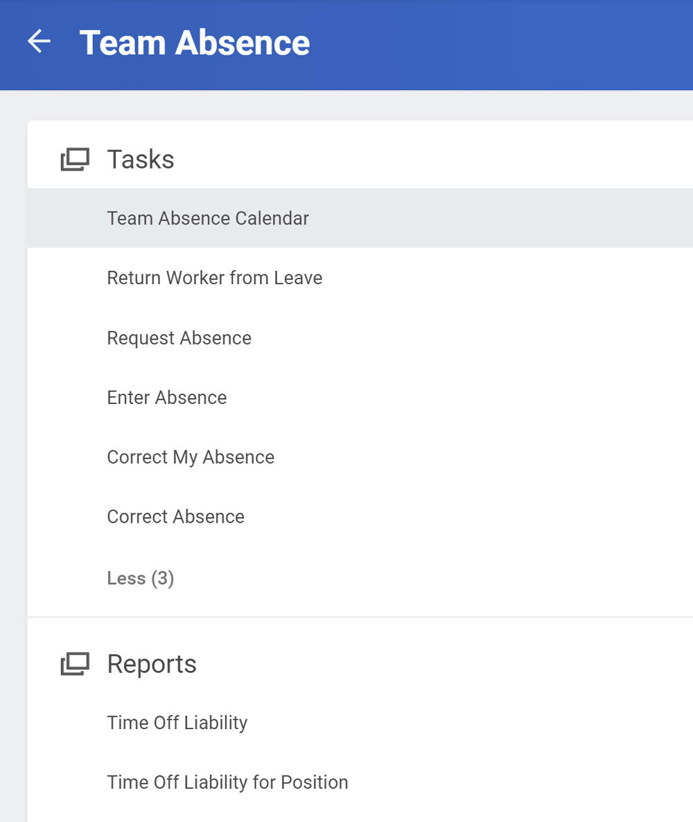 screenshot of Team Absence menu options for correcting Workday Time Off