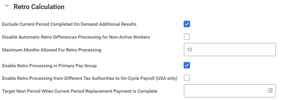 screenshot of retro calculation checkbox that allows retro differences from different tax authorities in workday