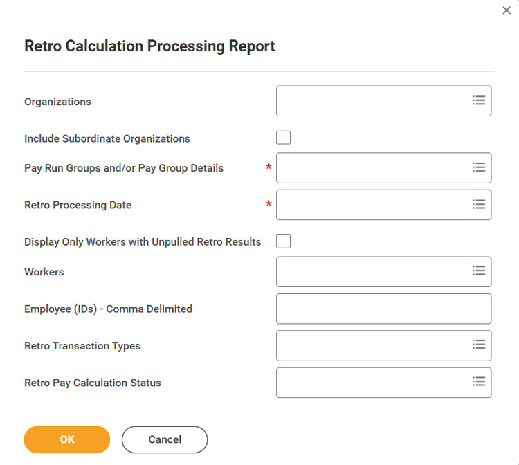 screenshot of retro calculation processing report in Workday tenant