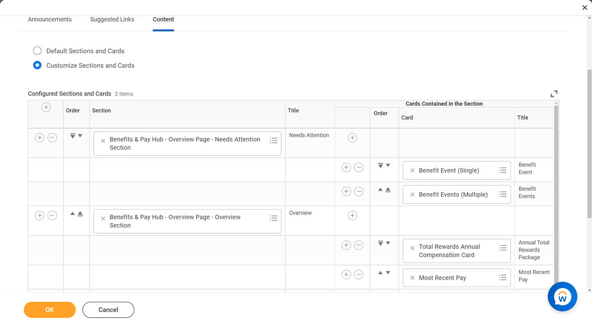 screenshot of the Content options in Workday's "Maintain Hubs" task