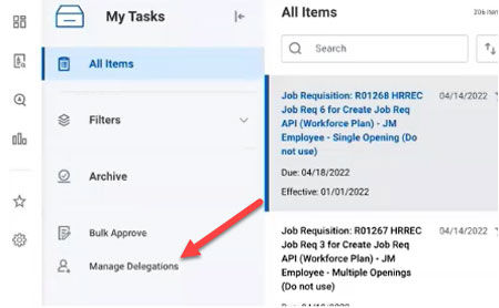 screenshot of the Manage Delegations option in Workday